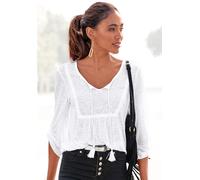 Strandshirt BUFFALO, Damen, Gr. 36/38, weiß, Jersey, Obermaterial: 100% Viskose. Einsatz: 100% Baumwolle, leicht durchscheinend, unifarben, figurumspielend hüftlang, Rundhals, mit Riegel, Shirts, mit 