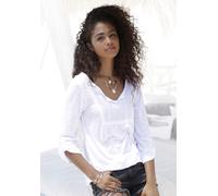 Strandshirt BUFFALO, Damen, Gr. 36/38, weiß, Jersey, Obermaterial: 100% Viskose. Einsatz: 100% Baumwolle, leicht durchscheinend, unifarben, figurumspielend hüftlang, Rundhals, mit Riegel, Shirts Stran