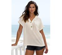 Strandshirt LASCANA "aus sommerlichem Waffelstrick", Damen, Gr. 40/42, beige (creme), Strick, Obermaterial: 64% Polyester, 34% Viskose, 2% Elasthan, leicht transparent, unifarben, lässig geschnitten n