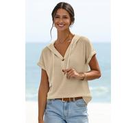 Strandshirt LASCANA "aus sommerlichem Waffelstrick", Damen, Gr. 48/50, gelb, Strick, Obermaterial: 64% Polyester, 34% Viskose, 2% Elasthan, leicht transparent, unifarben, lässig geschnitten normal, V-