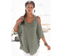 Strandshirt LASCANA, Damen, Gr. 2 (40/46), grün (khaki), Jersey, Obermaterial: 100% Viskose, unifarben, loose fit Po-bedeckend, Rundhals, Shirts, mit Zierband im oberen Rücken, Longshirt, 3/4-Ärmel, s