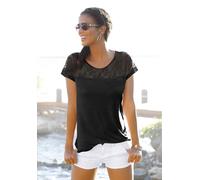 Strandshirt LASCANA, Damen, Gr. 32/34, schwarz, Jersey, Obermaterial: 95% Viskose, 5% Elasthan. Spitze: 90% Polyamid, 10% Elasthan, unifarben, figurumspielend hüftlang, Rundhals, Shirts, mit Spitzenei