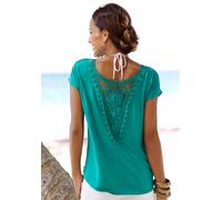 Strandshirt LASCANA, Damen, Gr. 36/38, blau (türkis), Jersey, Obermaterial: 95% Viskose, 5% Elasthan. Spitze: 100% Baumwolle, unifarben, figurumspielend hüftbedeckend, Rundhals, Shirts, mit Spitzenein