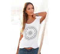 Strandshirt LASCANA, Damen, Gr. 36/38, weiß, Jersey, Obermaterial: 100% Viskose, unifarben, casual, figurumspielend hüftlang, Rundhals, Kurzarm, Shirts, mit Print und glänzendem Effekt, Ethno-Look, ca