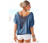 Strandshirt LASCANA, Damen, Gr. 44/46, blau (rauchblau), Jersey, Obermaterial: 95% Viskose, 5% Elasthan. Spitze: 100% Baumwolle, unifarben, figurumspielend hüftbedeckend, Rundhals, mit Riegel, Shirts,