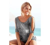 Strandshirt LASCANA, Damen, Gr. 48/50, grau, bedruckt, Jersey, Obermaterial: 100% Viskose, bedruckt, figurumspielend hüftlang, Rundhals, Ärmel mit Ärmelschlitz, Shirts, mit Schlitzen an den Ärmeln, Ku