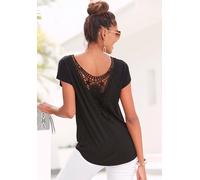 Strandshirt LASCANA, Damen, Gr. 48/50, schwarz, Jersey, Obermaterial: 95% Viskose, 5% Elasthan. Spitze: 100% Baumwolle, unifarben, modisch, figurumspielend hüftbedeckend, Rundhals, Kurzarm, Shirts, mi