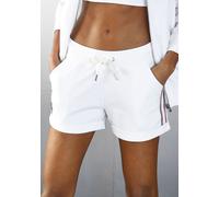 Strandshorts H.I.S, Damen, Gr. 36/38, N-Gr, weiß, Sweatware, Obermaterial: 77% Baumwolle, 20% Polyester, 3% Elasthan, unifarben mit Farbeinsätzen, Basic kurz, Hosen Sweatshorts, mit seitlichen Tapestr