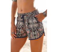 Strandshorts S.OLIVER, Damen, Gr. 36, N-Gr, blau (marine, bedruckt), Jersey, Obermaterial: 100% Viskose, bedruckt, normal kurz, Hosen Strandshorts, mit Ethnodruck und Taschen, elastischer Gummizugbund