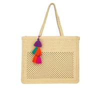 Strandtasche aus Bast, Shopper aus Stroh mit bunten Quasten, Reißverschluss und Innentaschen, Sommerstil, für den Sommer