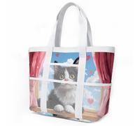 Strandtasche Blaue Katze Schwarz Strandtasche mit Reißverschluss Handtaschen Beach Bag Handbag Faltbar Einkaufstasche Sandschutz Strandtaschen Badetasche Strand Tasche Pool Bag 33x32cm/2 Stück