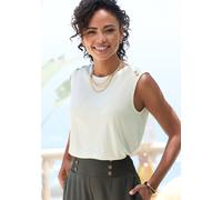 Strandtop LASCANA, Damen, Gr. 32/34, beige (creme), Single Jersey, Obermaterial: 100% Viskose, unifarben, modisch, figurumspielend hüftlang, Rundhals, ohne Ärmel, Tops, mit Zierknöpfen, Sommertop, Bas