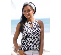 Strandtop LASCANA, Damen, Gr. 32/34, blau (marine, weiß, bedruckt), Jersey, Obermaterial: 100% Viskose, figurumspielend hüftlang, amerikanischer Ausschnitt, Tops Strandtop, in leichter A-Form, Damento