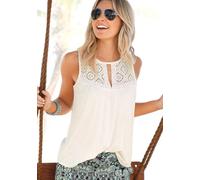 Strandtop LASCANA, Damen, Gr. 40/42, beige (creme), Jersey, Obermaterial: 95% Viskose, 5% Elasthan. Spitze: 65% Baumwolle, 35% Polyamid, A-Linie hüftlang, V-Ausschnitt, Tops Strandtop, mit Spitzeneins