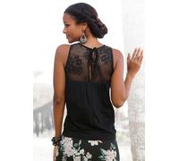Strandtop LASCANA, Damen, Gr. 40/42, schwarz, Jersey, Obermaterial: 95% Viskose, 5% Elasthan. Spitze: 100% Polyamid, unifarben, modisch, figurumspielend hüftlang, hoch geschlossener Ausschnitt, ohne Ä