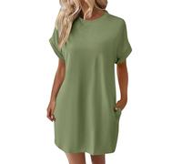 strandtunika Damen Kleid schwarz grün blusen & Tuniken für Elegant Einfarbig Rundhals Kurz Ärmel Shirt Longbluse Sommer lederkleid（Grün, M