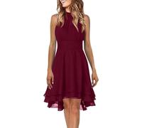 strandtunika Damen Kleid schwarz Vokuhila Kleid tüllrock Damen lang Einfarbig Chiffon Neckholder Ärmelloses Kurz Kleid Hawaii Outfit Damen Ball Kleider (Wein, L)