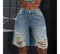 Strass-verzierte zerrissene Schrägtaschen Loose Wide Leg Crop Jeans Shorts