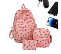 Strawberry Bookbag Set Erdbeerrucksack für Federtaschen für Studenten Alltag Outdoor Camping Kindergarten, Pink, riferimento alla descrizione