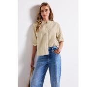 Schluppenbluse STREET ONE, Damen, Gr. 44, moonstone sand, Web, Obermaterial: 60% Leinen, 40% Baumwolle, unifarben, casual, lässig geschnitten hüftbedeckend, Rundhals, 3/4-Ärmel 1-Knopf-Manschette, Blu