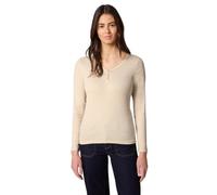 Langarmshirt STREET ONE, Damen, Gr. 46, cotton beige, Feinripp, Obermaterial: 96% Baumwolle, 4% Elasthan, gestreift, tailliert hüftbedeckend, tiefer V-Ausschnitt, Shirts Langarmshirt, im Streifen-Desi