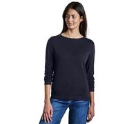 Strickpullover STREET ONE, Damen, Gr. 42, blau (tiefblau), Strick, Obermaterial: 60% Viskose, 40% Baumwolle, unifarben, casual, U-Boot-Ausschnitt, Langarm Rippbündchen, Pullover, mit Rollsaum am Aussc