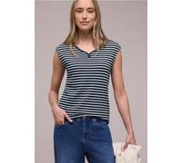 Street One - Gestreiftes T-Shirt mit V-Ausschnitt und Knopfleiste blau - Gr. - 36