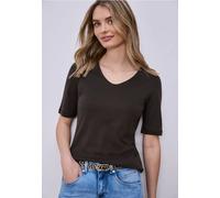 Kurzarmshirt STREET ONE "Style Palmira", Damen, Gr. 44, espresso braun, Jersey, Obermaterial: 50% Baumwolle, 50% Modal. Futter: 100% Baumwolle, unifarben, slim fit hüftlang, tiefer Rundhals, abgestepp