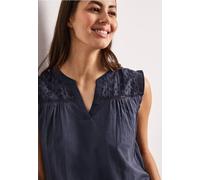 Blusentop STREET ONE, Damen, Gr. 42, tempest blau, Web, Obermaterial: 100% Baumwolle, unifarben, tailliert hüftbedeckend, Rundhals, Rüschen, Blusen Blusentop, Blustentop mit Split Neck und Shiffleydet