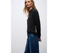 Langarmbluse STREET ONE, Damen, Gr. 46, schwarz, Stoff, 100% Viskose, unifarben mit Farbeinsatz, normal normal, V-Ausschnitt, Bündchen, Blusen (49641602-46) schwarz