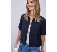 Hemdbluse STREET ONE, Damen, Gr. 46, shadowed navy, Stoff, 88% Viskose, 12% Polyamid, unifarben, normal normal, V-Ausschnitt, Bündchen, Blusen Hemdbluse, mit Materialmix (24120912-46) shadowed navy