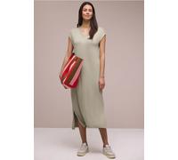 Midikleid STREET ONE, Damen, Gr. 38, EURO-Größen, timeless beige, Stoff, 78% Viskose, 17% Polyester, 5% Elasthan, unifarben, normal wadenlang, V-Ausschnitt, abgesteppt, Kleider Midikleid, soft und tra