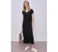 Midikleid STREET ONE, Damen, Gr. 42, EURO-Größen, schwarz, Stoff, 78% Viskose, 17% Polyester, 5% Elasthan, unifarben, normal wadenlang, V-Ausschnitt, abgesteppt, Kleider Midikleid, soft und trageangen
