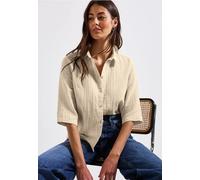 Hemdbluse STREET ONE, Damen, Gr. 40, coastal beige, Web, Obermaterial: 100% Baumwolle, unifarben, casual, lässig geschnitten hüftbedeckend, Rundhals, Halbarm, Blusen, im Musselin-Look (77506316-40) co