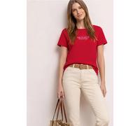 Kurzarmshirt STREET ONE, Damen, Gr. 46, salsa rot, Jersey, Obermaterial: 100% Baumwolle, bedruckt, regular fit hüftbedeckend, Rundhals, abgesteppte Kante, Shirts, Sommershirt mit Wording Artwork (8968