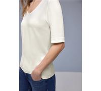 Rundhalsshirt STREET ONE, Damen, Gr. 36, sanftes weiß, Jersey, Obermaterial: 50% Baumwolle, 50% Modal, unifarben, tailliert hüftbedeckend, V-Ausschnitt, Aufschlag, Shirts Rundhalsshirt, Halbarm mit Tu