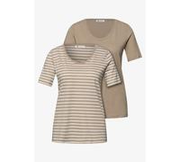 T-Shirt STREET ONE, Damen, Gr. 42, safari beige, Web, 50% Baumwolle, 50% Modal, gestreift, unifarben, normal normal, V-Ausschnitt, abgesteppt, Shirts T-Shirt, mit abgerundetem V-Ausschnitt (19942553-4