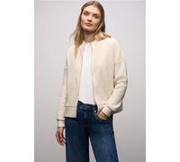 Cardigan STREET ONE, Damen, Gr. 44, sanftes weiß, Stoff, 52% Polyester, 32% Baumwolle, 13% Viskose, 3% Elasthan, gestreift, normal normal, Rundhals, Bündchen, Strickjacken, mit Struktur-Muster (914941