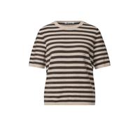 Kurzarmpullover STREET ONE, Damen, Gr. 40, beige (clay sand meliert), Web, 37% Baumwolle, 34% Polyacryl, 26% Polyester, 3% Elasthan, gestreift, normal normal, Rundhals, abgesteppt, Pullover, im Streif