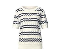 Kurzarmpullover STREET ONE, Damen, Gr. 38, sanftes weiß, Web, 100% Baumwolle, gemustert, comfort fit normal, Rundhals, Bündchen, Pullover, mit Zick Zack Muster (95306225-38) sanftes weiß
