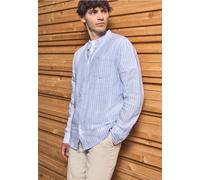 Leinenhemd STREET ONE MEN, Herren, Gr. L (42), US-Größen, blau (summer blau), Stoff, 100% Leinen, gestreift, casual, normal normal, hoch geschlossener Ausschnitt, Langarm Bündchen, Hemden, mit Stehkra