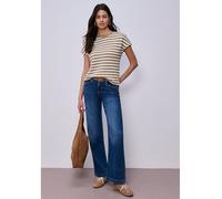 Rundhalsshirt STREET ONE "Style Cris", Damen, Gr. 40, smoke beige, Strick, Obermaterial: 53% Viskose, 44% Polyester, 3% Elasthan, gestreift, normal hüftbedeckend, Rundhals, abgesteppte Kante, Shirts R