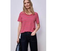 Kurzarmshirt STREET ONE "Style Gerda", Damen, Gr. 42, salsa rot, Jersey, Obermaterial: 50% Baumwolle, 50% Modal, geringelt, gestreift, normal hüftbedeckend, Rundhals, Shirts, im Streifen-Look und mit
