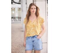 Kurzarmbluse STREET ONE STUDIO, Damen, Gr. 44, earthy gelb, Stoff, 100% Viskose, geblümt, normal normal, Rundhals, abgesteppt, Blusen, aus softer Viskose (44858209-44) earthy gelb