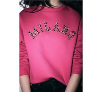 Rundhalspullover STREET ONE STUDIO, Damen, Gr. 46, schwarz candy pink, Web, 60% Baumwolle, 40% Polyester, unifarben, normal normal, Rundhals, elastischer Bund, Pullover Rundhalspullover, mit Wording (