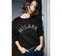 Rundhalspullover STREET ONE STUDIO, Damen, Gr. 40, schwarz, Web, 60% Baumwolle, 40% Polyester, unifarben, normal normal, Rundhals, elastischer Bund, Pullover Rundhalspullover, mit Wording (46002863-40