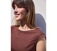 Rundhalsshirt STREET ONE STUDIO, Damen, Gr. 42, mahogany braun, Web, 50% Baumwolle, 50% Modal, unifarben, comfort fit normal, Rundhals, normaler Saum, Shirts Rundhalsshirt, mit Häkel-Deko (66163629-42