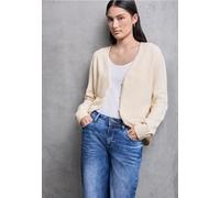 Strickjacke STREET ONE STUDIO, Damen, Gr. 46, soft beige, Web, 40% Baumwolle, 37% Polyacryl, 20% Nylon, 3% Elasthan, unifarben, normal normal, V-Ausschnitt, Bündchen, Strickjacken, im soften Baumwoll-