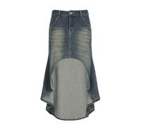 Street-Style-Jeansrock mit niedriger Taille, Distressed-Waschung und Taschen für Damen, schlanker, unregelmäßiger Lotussaum, Langer Rock - Blau - L