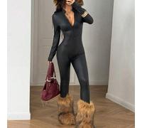 Streetwear Damen einfarbiger Kunstleder Elastisch Langarm Halb Reißverschluss Jumpsuit, Herbst/Winter